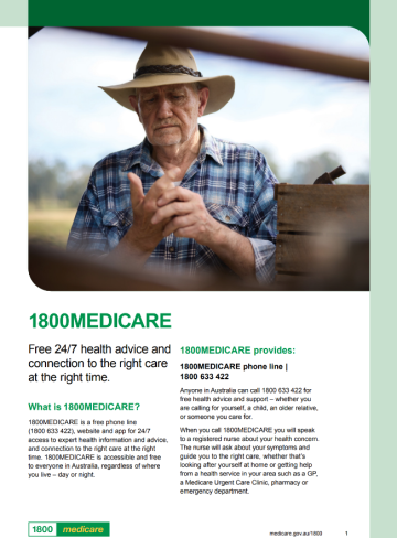 Fact sheet about the 1800MEDICARE service depicting a male farmer looking at his hands