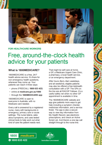 Image of a First Nations fact sheet that provides information about 1800MEDICARE for health professionals.