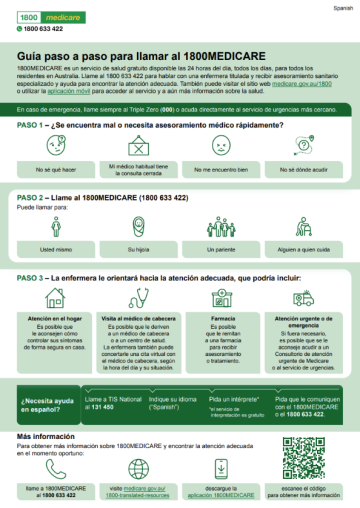 An infographic in Spanish explaining how the 1800MEDICARE phone line works, what happens when you call and how the service can help connect you to the right care. 
