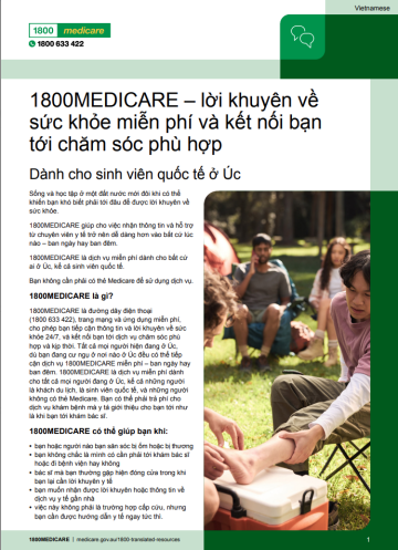 Fact sheet with information about 1800MEDICARE for international students in Australia