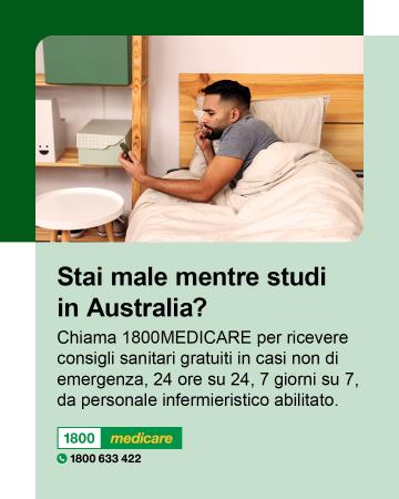 Social media tile promoting 1800MEDICARE. Text reads: Feeling unwell while studying in Australia? Ask 1800MEDICARE for free, non-emergency health advice, 24/7 from registered nurses. 