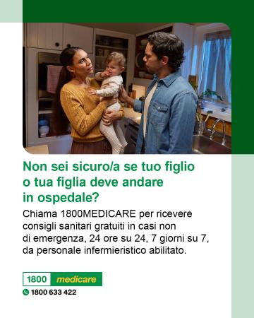 Social media tile promoting 1800MEDICARE. Text reads: Not sure if your child needs to go to hospital? Ask 1800MEDICARE for free, non-emergency health advice, 24/7 from registered nurses. 