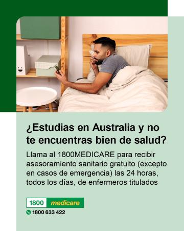 Social media tile promoting 1800MEDICARE. Text reads: Feeling unwell while studying in Australia? Ask 1800MEDICARE for free, non-emergency health advice, 24/7 from registered nurses. 