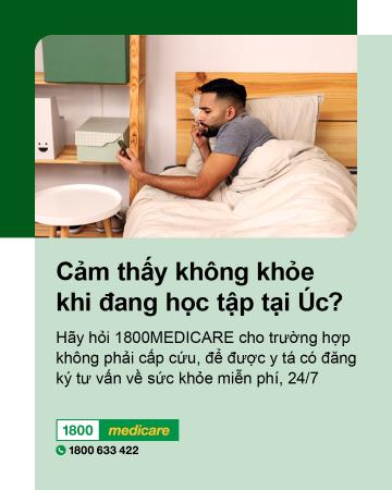 Social media tile promoting 1800MEDICARE. Text reads: Feeling unwell while studying in Australia? Ask 1800MEDICARE for free, non-emergency health advice, 24/7 from registered nurses. 
