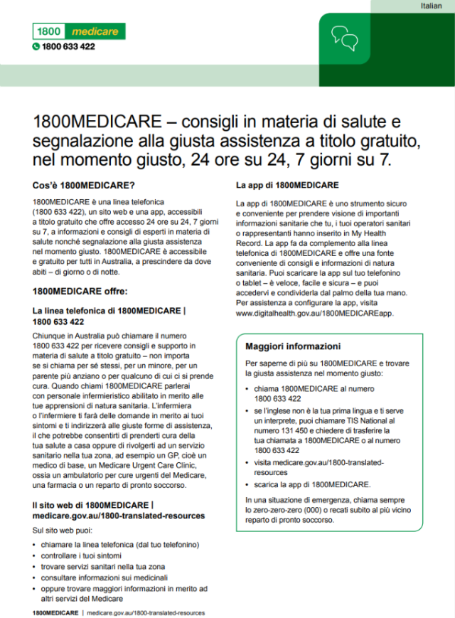 Fact sheet about the 1800MEDICARE service in Italian language
