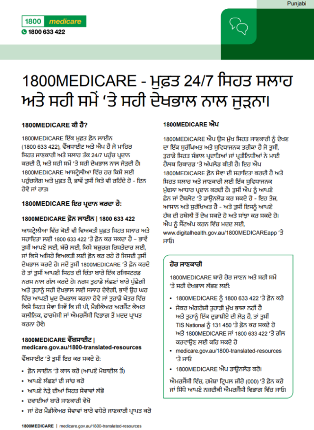 Fact sheet about the 1800MEDICARE service in Punjabi