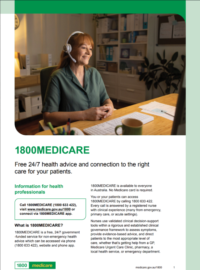 Fact sheet with information about 1800medicare for health professionals depicting nurse at desk with a headset