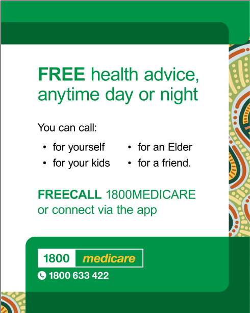 Social media tile promoting 1800MEDICARE. Text reads: 'Free health advice, anytime day or night. You can call for yourself, for your kids, for an Elder, for a friend. FREECALL 1800MEDICARE or connect via the app.'