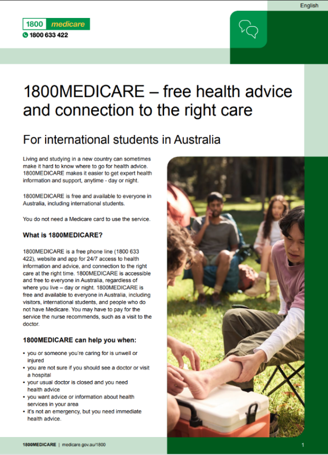 Fact sheet with information about 1800MEDICARE for international students in Australia