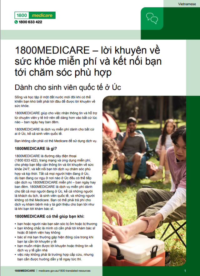 Fact sheet with information about 1800MEDICARE for international students in Australia