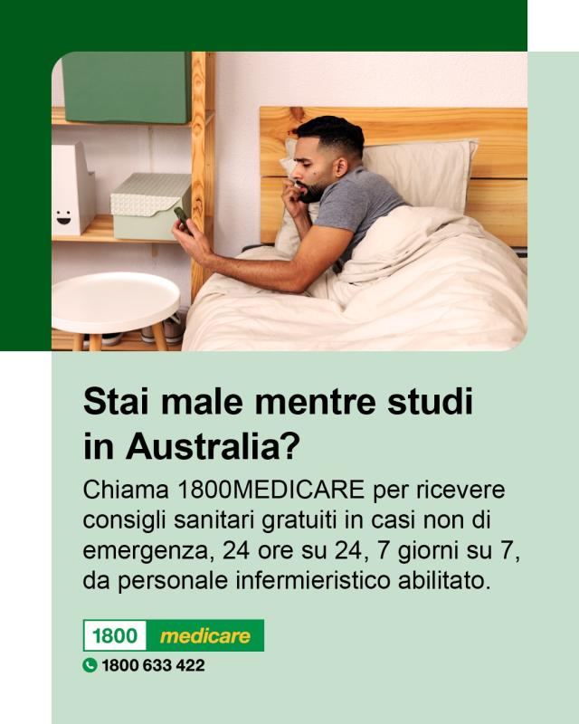 Social media tile promoting 1800MEDICARE. Text reads: Feeling unwell while studying in Australia? Ask 1800MEDICARE for free, non-emergency health advice, 24/7 from registered nurses. 