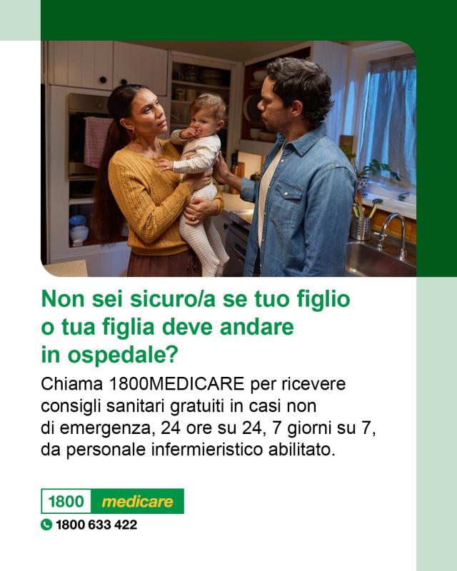 Social media tile promoting 1800MEDICARE. Text reads: Not sure if your child needs to go to hospital? Ask 1800MEDICARE for free, non-emergency health advice, 24/7 from registered nurses. 