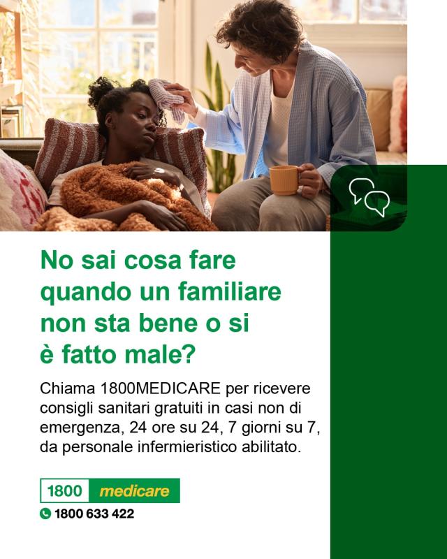 Social media tile promoting 1800MEDICARE. Text reads: Not sure what to do when someone in your family is sick or injured? Ask 1800MEDICARE for free, non-emergency health advice, 24/7 from registered nurses.