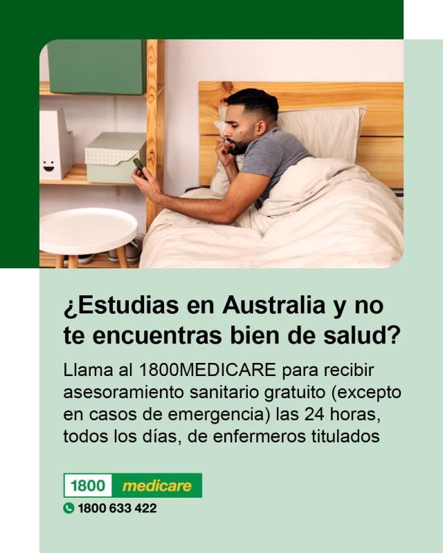 Social media tile promoting 1800MEDICARE. Text reads: Feeling unwell while studying in Australia? Ask 1800MEDICARE for free, non-emergency health advice, 24/7 from registered nurses. 