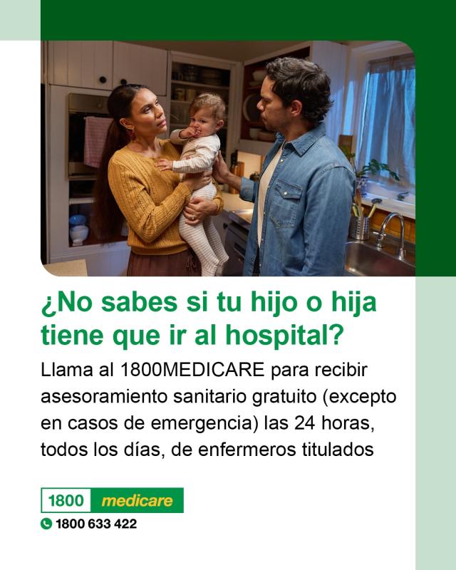 Social media tile promoting 1800MEDICARE. Text reads: Not sure if your child needs to go to hospital? Ask 1800MEDICARE for free, non-emergency health advice, 24/7 from registered nurses. 