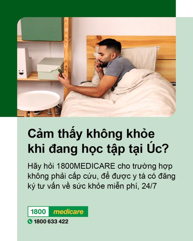 Social media tile promoting 1800MEDICARE. Text reads: Feeling unwell while studying in Australia? Ask 1800MEDICARE for free, non-emergency health advice, 24/7 from registered nurses. 